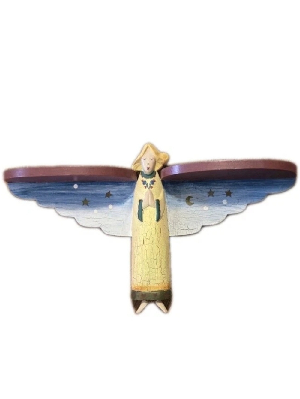 Angel Folk Art Wall Shelf Hand Painted Wood Primitive Art Praying Moon And Stars